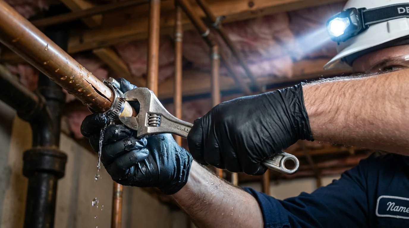 Emergency pipe clamp repair being performed by a Johns Plumbing LLC plumber in Boiling Springs